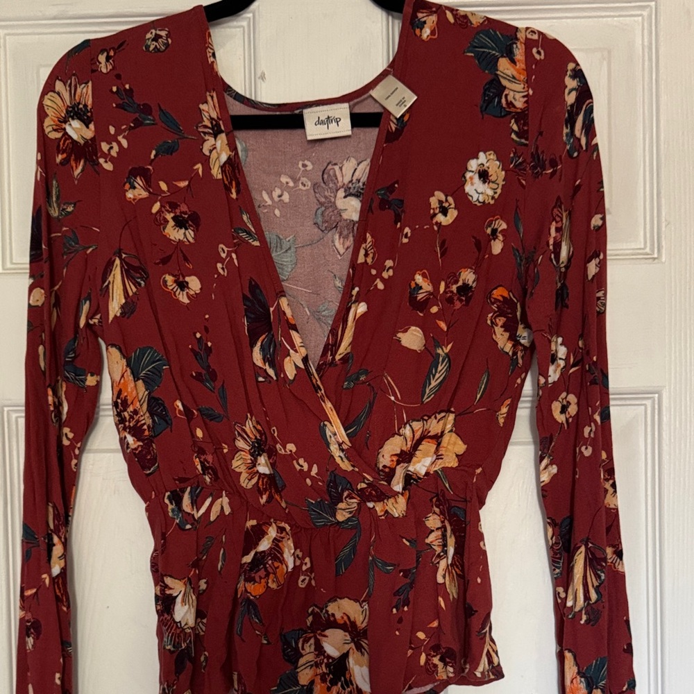 DayTrip Burgundy Floral Wrap Blouse